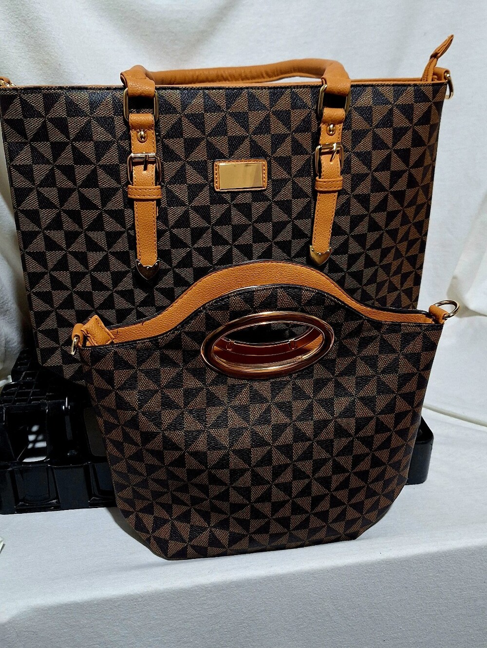 Stylish Brown Geometric Tote and Handbag Set - Tan Trim